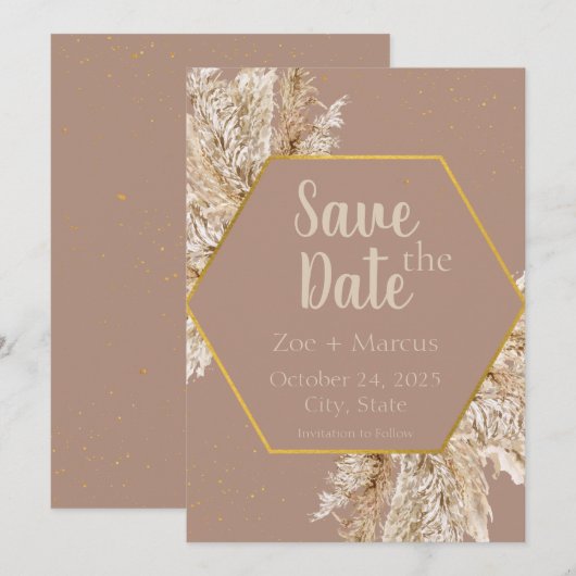 Boho Pampas Gras Save the Date — Beige/Blush (Voorkant / Achterkant)