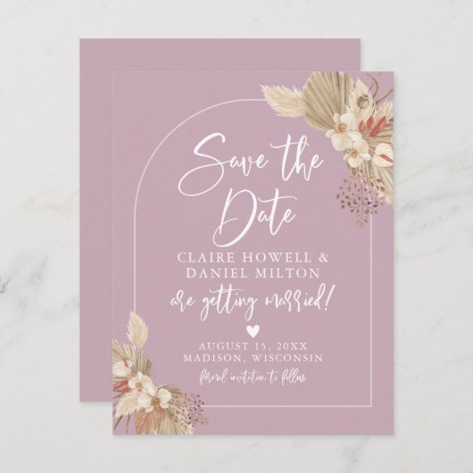 Boho Pampas Gras Stof Roze Roze Opslaan De Datum Save The Date (Voorkant / Achterkant)