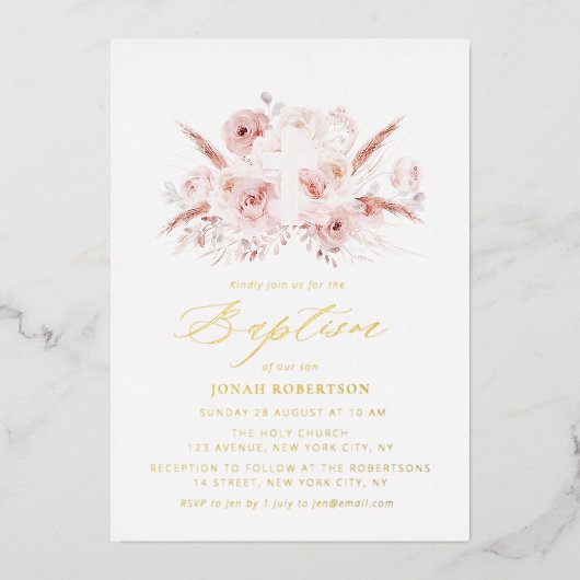 Boho Pampas Gras Stoffig roos Bloemenkruis Doop Folie Uitnodiging (Voorkant)