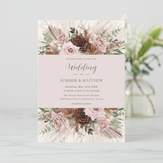 Boho Pampas Gras Stoffig Roze Bruin Bloemen Bruilo Kaart (Staand voorkant)