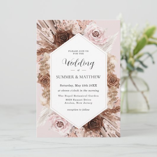 Boho Pampas Gras Stoffig Roze Bruin Bloemen Bruilo Kaart (Staand voorkant)