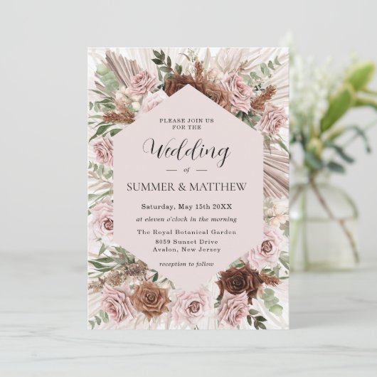 Boho Pampas Gras Stoffig Roze Bruin Bloemen Bruilo Kaart (Staand voorkant)