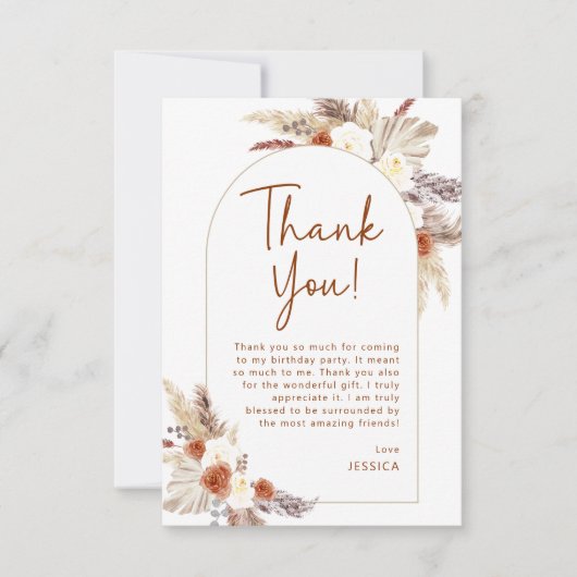 Boho Pampas Gras Terracotta Verjaardagsfeest Bedankkaart (Voorkant)