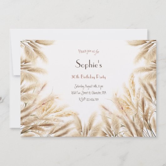 Boho pampas gras volwassen verjaardag uitnodiging (Voorkant)
