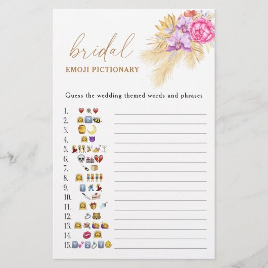 Boho pampas gras vrijgezellenfeest emoji pictionar (Voorkant)