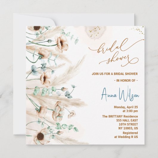 Boho pampas gras Wilde Bloem Bruidsdouche Kaart (Voorkant)