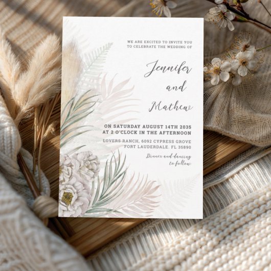 Boho Pampas Gras & Witte Bloemen Bruiloft Kaart
