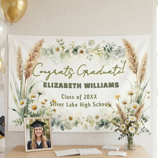 Boho Pampas Gras Witte Madeliefjes Afstudeerfeest Spandoek