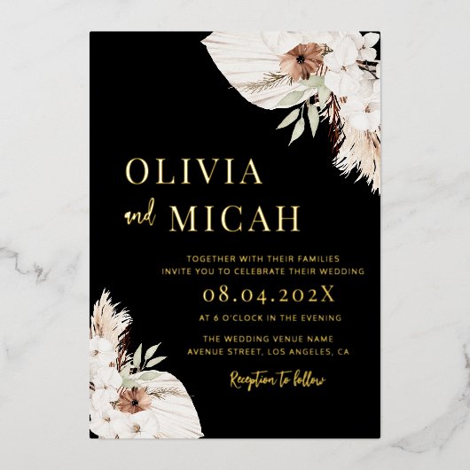 Boho pampas gras zwart bruiloft uitnodiging goud (Voorkant)