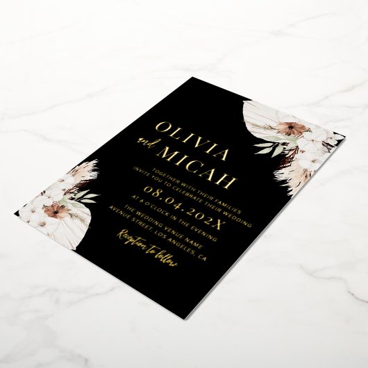 Boho pampas gras zwart bruiloft uitnodiging goud (Gedraaid)