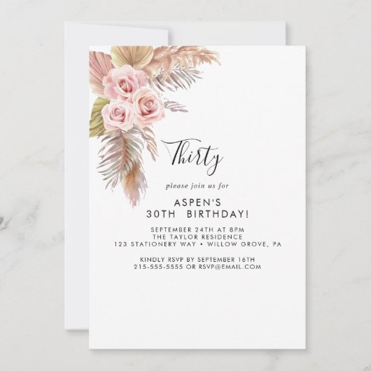 Boho Pampas Grass 30th Birthday Invitation Kaart (Voorkant)