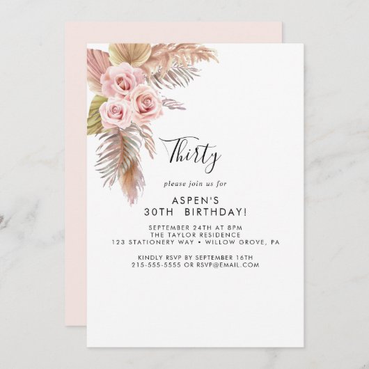 Boho Pampas Grass 30th Birthday Invitation Kaart (Voorkant / Achterkant)