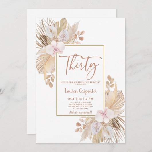 Boho Pampas Grass 30th Birthday Invitation Kaart (Voorkant / Achterkant)