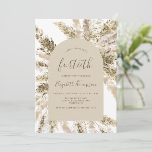 Boho Pampas Grass Arch 40th Birthday Party Kaart (Staand voorkant)