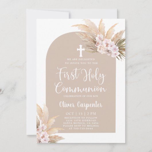 Boho Pampas Grass Arch First Heilige Communie Kaart (Voorkant)