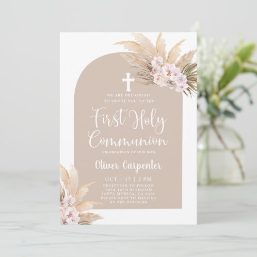 Boho Pampas Grass Arch First Heilige Communie Kaart (Staand voorkant)