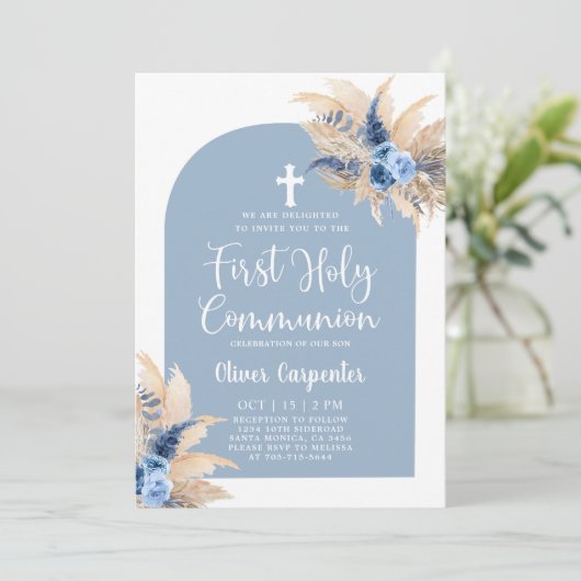 Boho Pampas Grass Arch First Heilige Communivita Kaart (Staand voorkant)