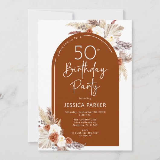 Boho Pampas Grass Arch Terracotta 50e verjaardag Kaart (Voorkant)