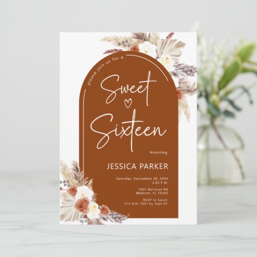 Boho Pampas Grass Arch Terracotta Zoet Zestien Kaart (Staand voorkant)