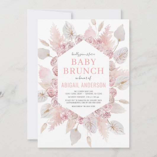 Boho Pampas Grass Baby Brunch Elegant Blush Pink Kaart (Voorkant)