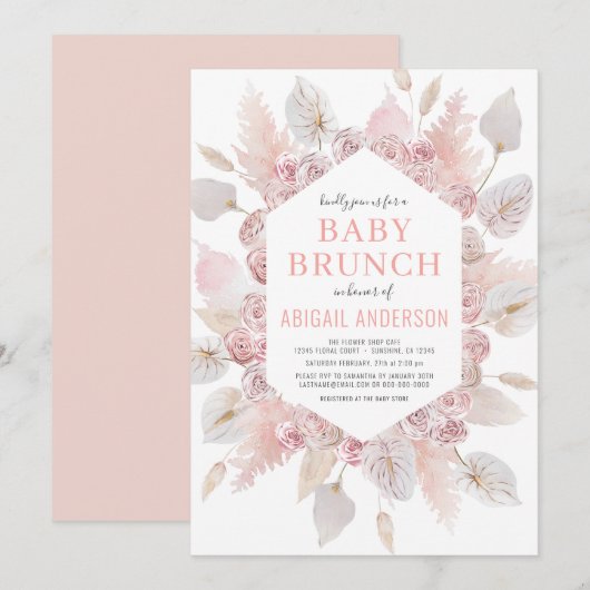 Boho Pampas Grass Baby Brunch Elegant Blush Pink Kaart (Voorkant / Achterkant)