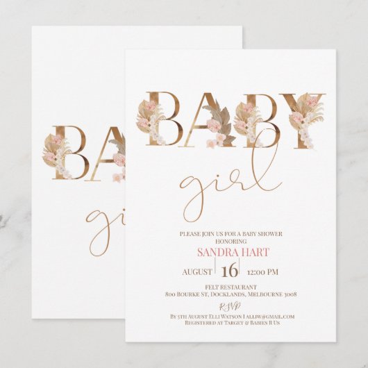 Boho Pampas Grass Baby Girl Baby shower Uitnodigin Kaart (Voorkant / Achterkant)