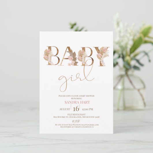 Boho Pampas Grass Baby Girl Baby shower Uitnodigin Kaart (Staand voorkant)