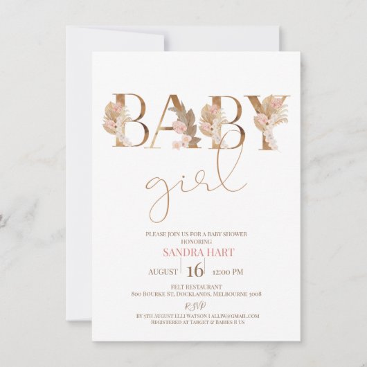 Boho Pampas Grass Baby Girl Baby shower Uitnodigin Kaart (Voorkant)