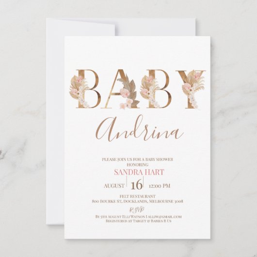 Boho Pampas Grass Baby Girl Name Baby shower Kaart (Voorkant)