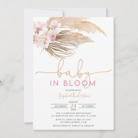 Boho Pampas Grass Baby in Bloom Baby shower Invita Kaart (Voorkant)