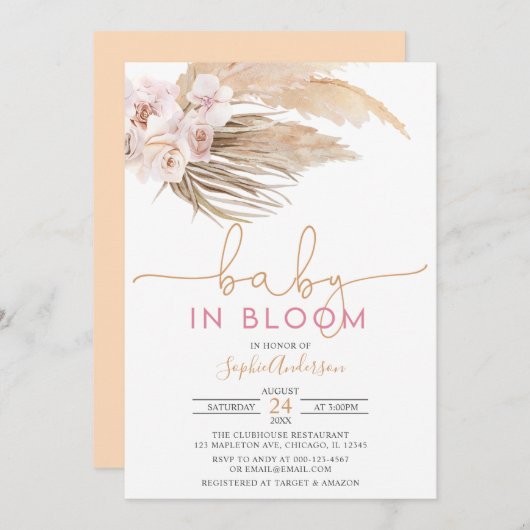 Boho Pampas Grass Baby in Bloom Baby shower Invita Kaart (Voorkant / Achterkant)