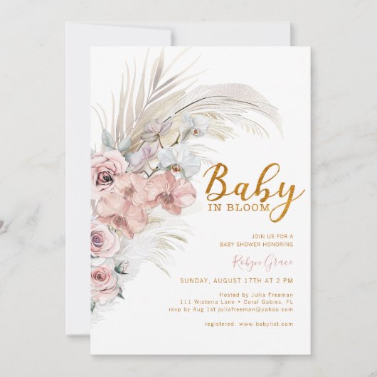 Boho Pampas Grass Baby in Bloom Shower Invitation Kaart (Voorkant)