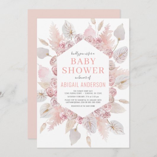Boho Pampas Grass Baby shower Elegant Blush Pink Kaart (Voorkant / Achterkant)