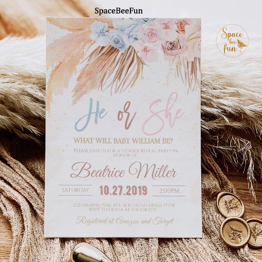 Boho Pampas Grass Baby shower Gender reveal invite Kaart