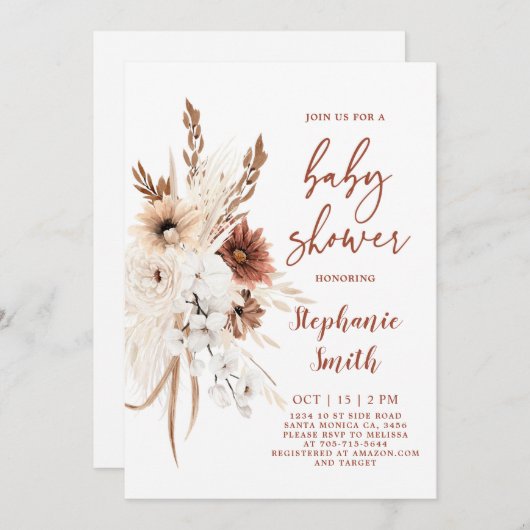 Boho Pampas Grass Baby shower Uitnodiging (Voorkant / Achterkant)