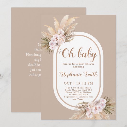 Boho Pampas Grass Baby shower Uitnodiging (Voorkant / Achterkant)