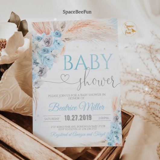 Boho Pampas Grass Baby shower Uitnodiging Jongen B