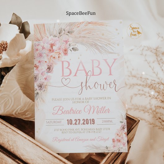 Boho Pampas Grass Baby shower Uitnodiging Meisje B