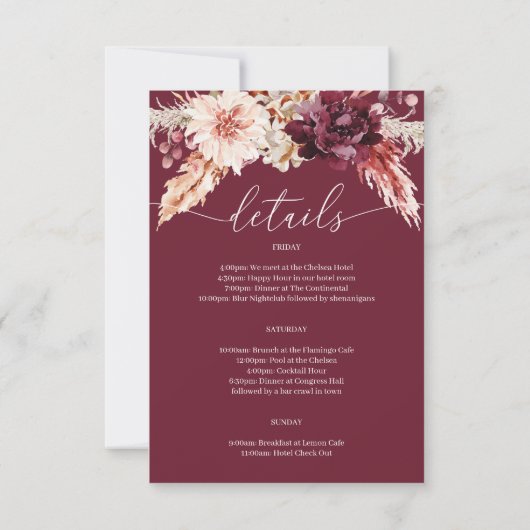 Boho Pampas Grass Bachelorette Party Itinerary IV Kaart (Achterkant)