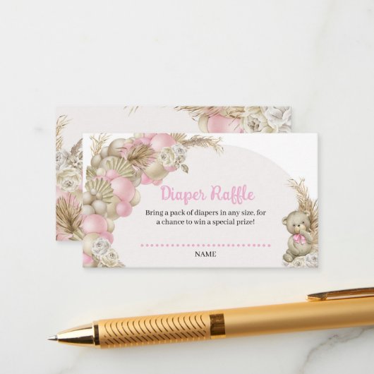 Boho Pampas Grass Balloon Teddy Bear Diaper Raffle Informatiekaartje (Voorkant / Achterkant in situ)