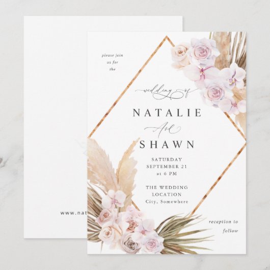 Boho Pampas Grass Beach Bloemen Trouwen 2 Goud Kaart (Voorkant / Achterkant)