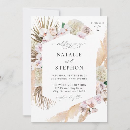 Boho Pampas Grass Beach Floral Wedding Kaart (Voorkant)
