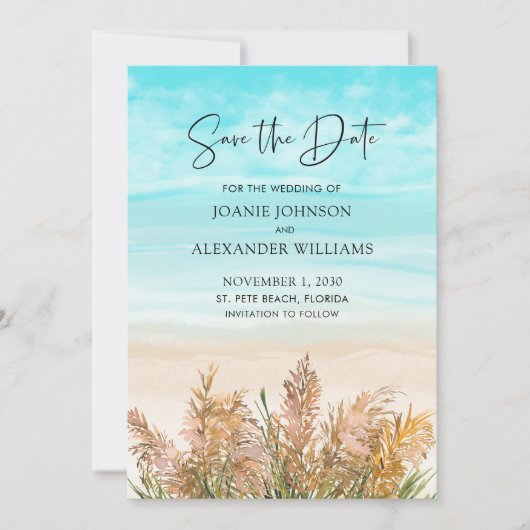 Boho Pampas Grass Beach Scene Wedding Save The Date (Voorkant)