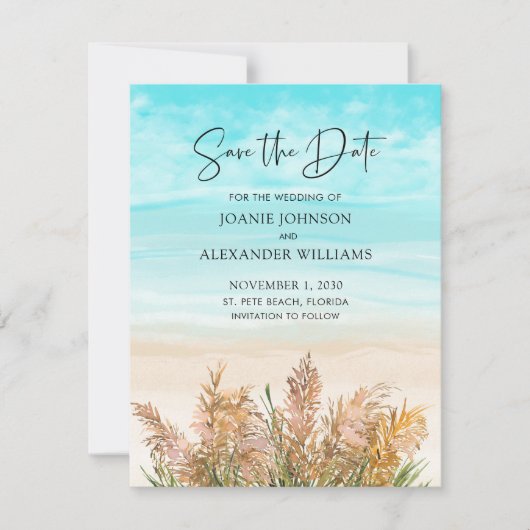 Boho Pampas Grass Beach Scene Wedding Save The Date (Voorkant)