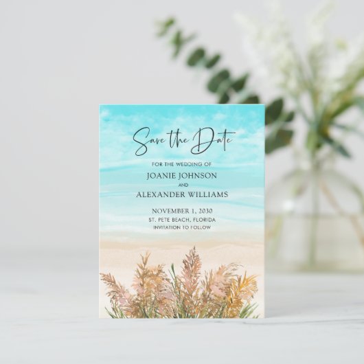 Boho Pampas Grass Beach Scene Wedding Save The Date (Staand voorkant)
