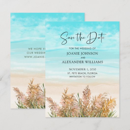 Boho Pampas Grass Beach Scene Wedding Save The Date (Voorkant / Achterkant)