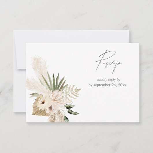 Boho Pampas Grass & Beige Bloemen met Maaltijd RSV RSVP Kaartje (Voorkant)