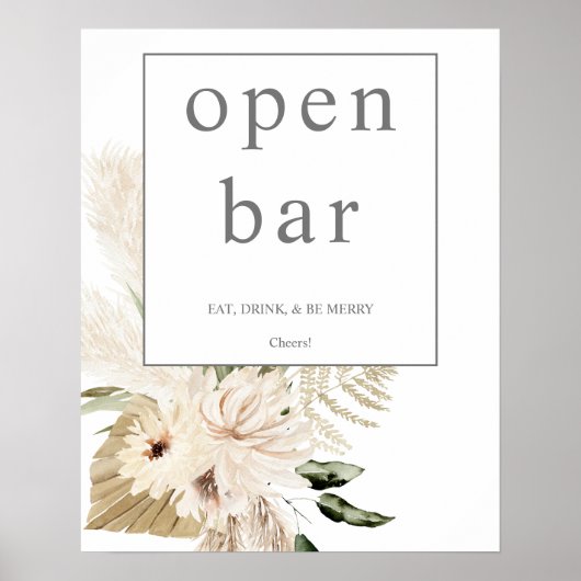 Boho Pampas Grass & Beige Floral Open Bar 1 Poster (Voorkant)
