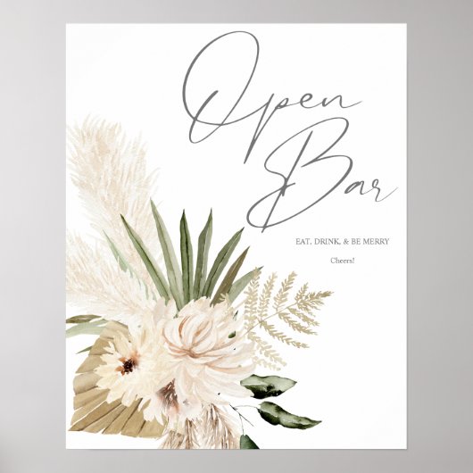 Boho Pampas Grass & Beige Floral Open Bar 2 Poster (Voorkant)