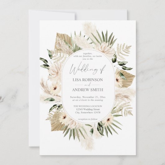 Boho Pampas Grass & Beige Floral Wedding Kaart (Voorkant)